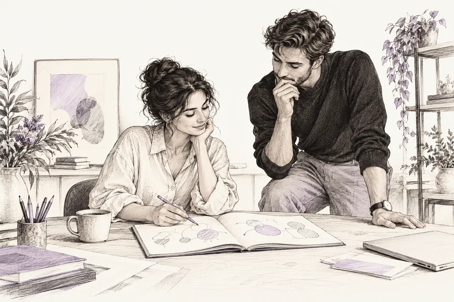 Ink sketch of product makers sharing ideas in a notebook