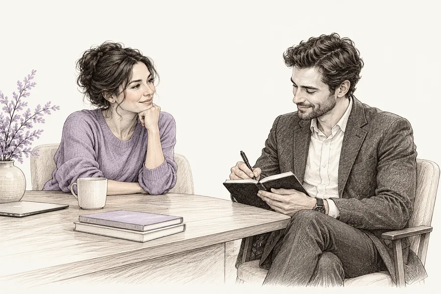 Ink sketch of two interviewers listening and taking notes