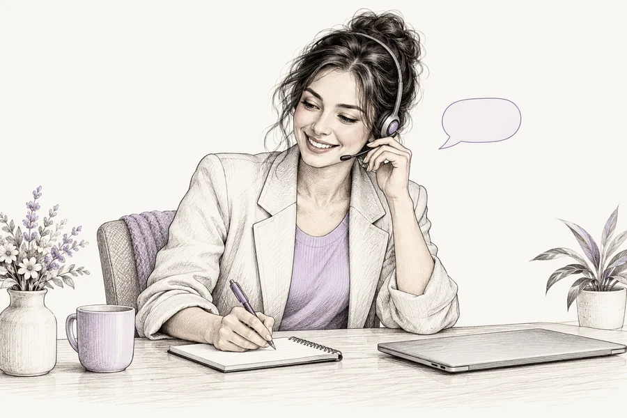 Ink sketch of a friendly team member listening and taking a note
