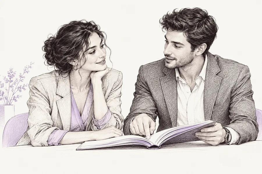 Ink sketch of two people discussing an open book
