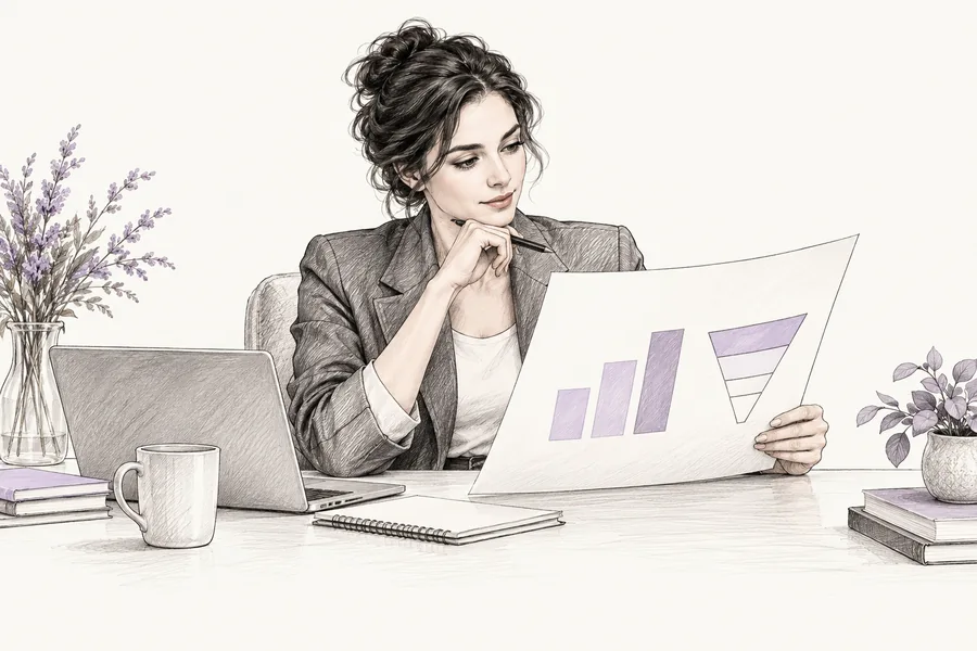 Ink sketch of an HR manager reviewing illustrative hiring charts