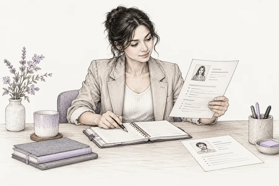Ink sketch of a recruiter reviewing a resume and notebook