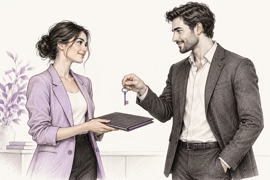 Ink sketch of teammates exchanging a key above a folder
