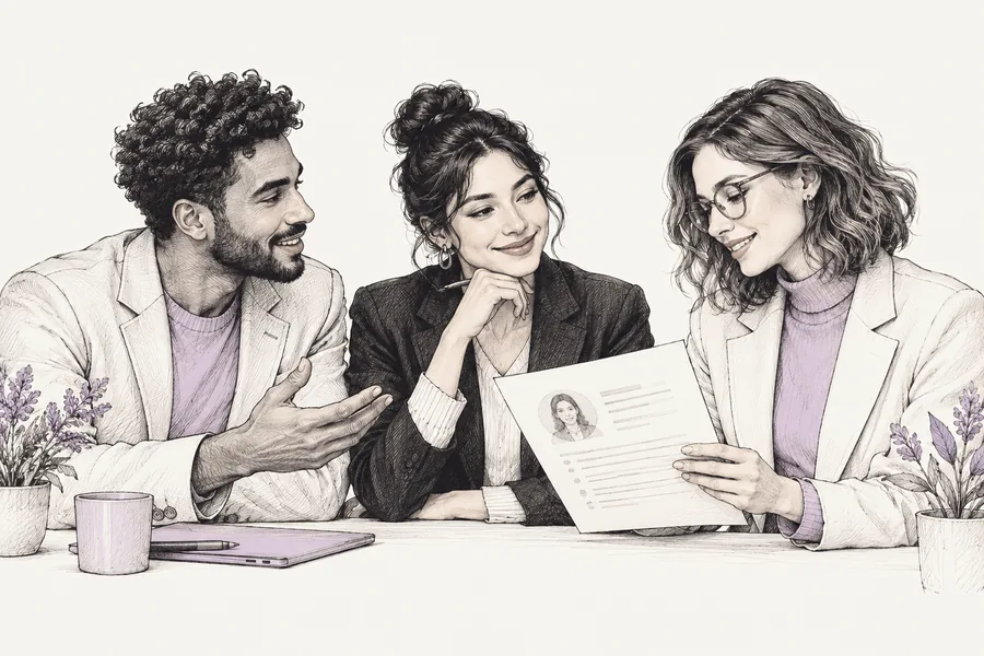 Ink sketch of hiring colleagues thoughtfully discussing a candidate