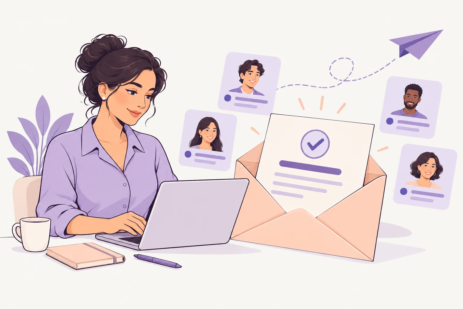 A recruiter preparing candidate communication beside an open offer-letter envelope