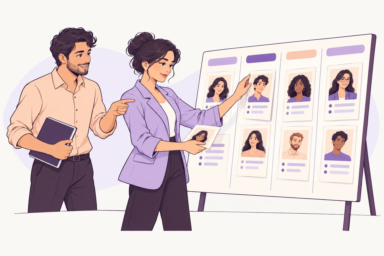 Hiring teammates arranging candidate cards across a recruitment board