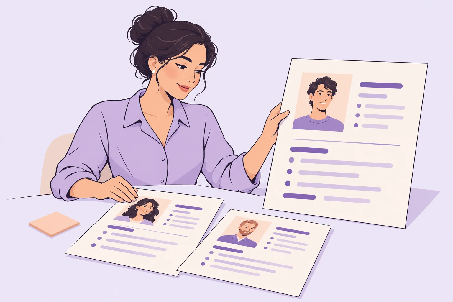 A recruiter arranging candidate profiles for a thoughtful review