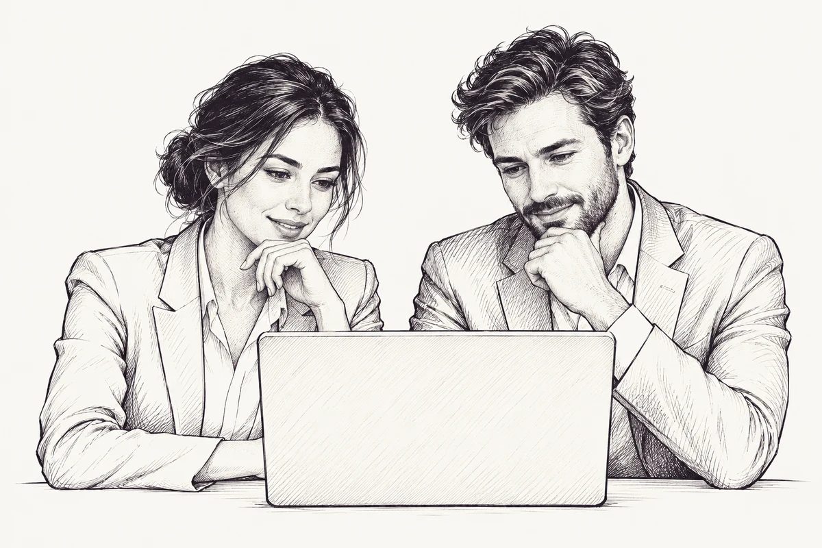 Two hiring teammates thoughtfully preparing an online interview together at a laptop