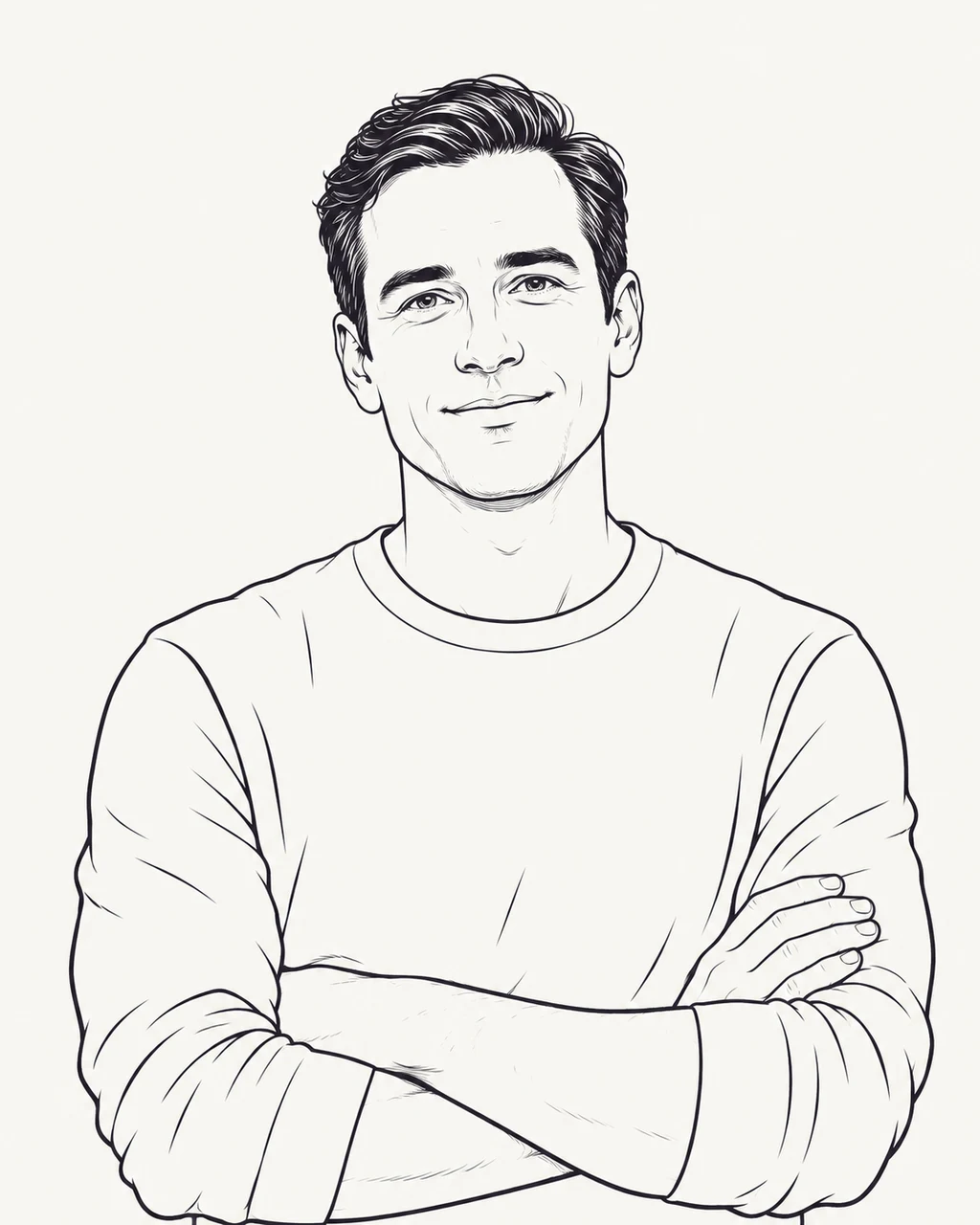 A calm recruiter with folded arms, drawn in a simple ink illustration